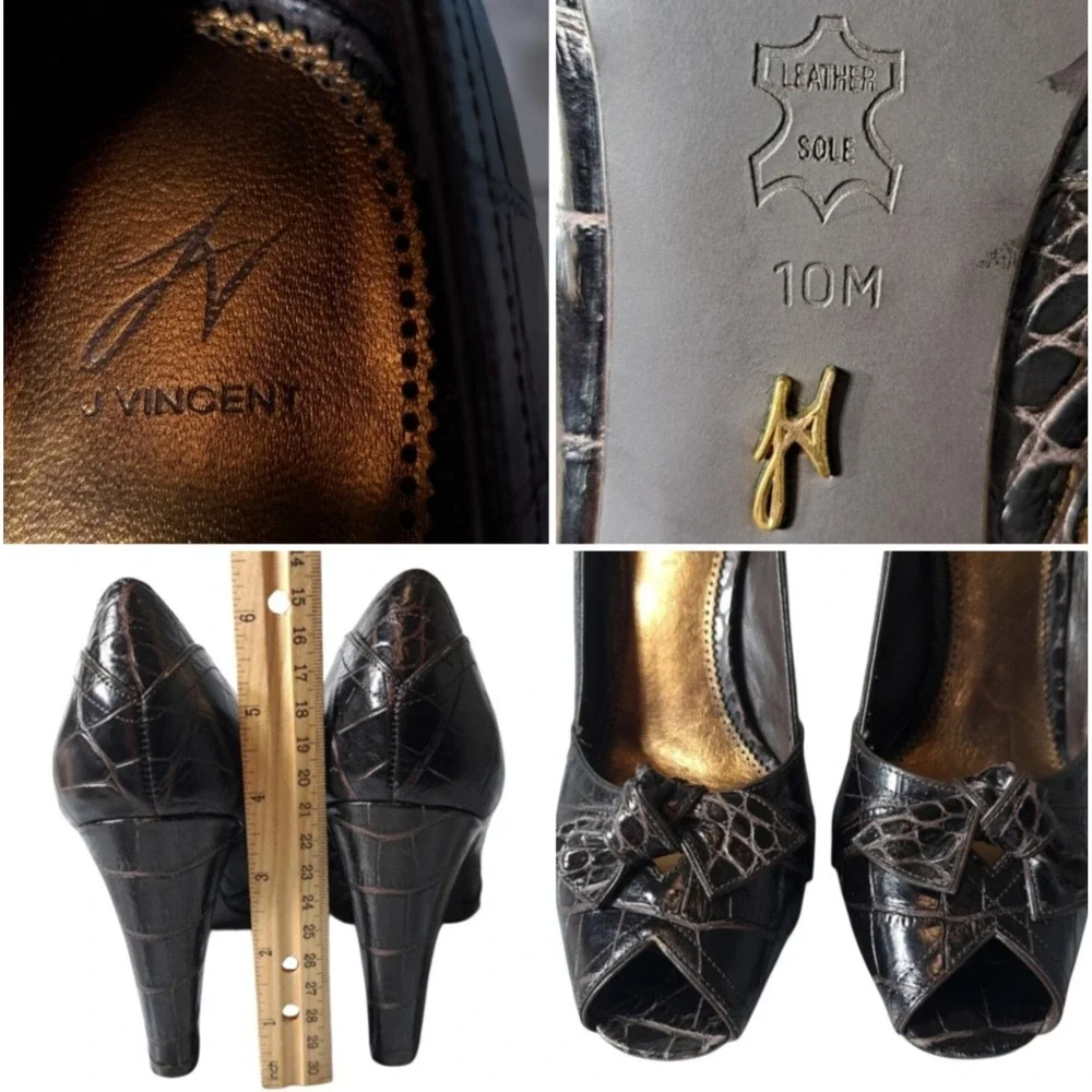 J Vincent Women's Size 10M Leather Peep Toe Heels‎ Brown Croc Embossed Pumps